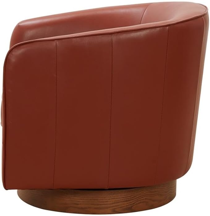 Pemberly Row Swivel Barrel Accent Chair Caramel Top Grain Leather Wood Base 28.5 W x 28.75 D x 28 H Comfortable Pocket Coil Seat Durable Upholstery Stylish Design for Living Room or Office