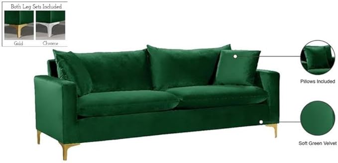 Meridian Furniture Naomi Collection Modern | Contemporary Green Velvet Upholstered Sofa with Stainless Steel Base in a Rich Gold or Chrome Finish 81.5 W x 33.5 D x 30 H (633Green-S)