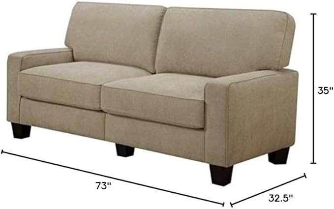 Pemberly Row Contemporary Linen Fabric Sofa 73 Wide Silica Sand Beige Finish Durable Polyester Upholstery Memory Foam Cushions Flared Arms Cozy Living Room Seating Includes 2 Decorative