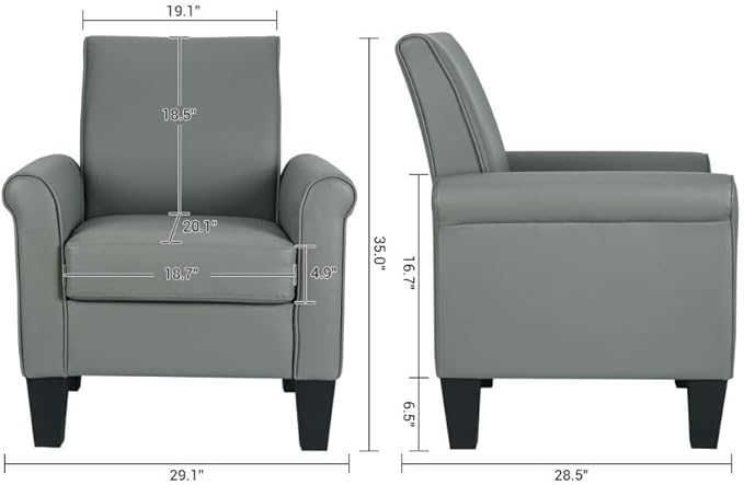 Lohoms Mid-Century Modern Accent Chair Overstuffed Leather Chairs for Living RoomUpholstered Comfy Club Chair Fake Faux Leather Armchair for Bedroom Apartment Office Lounge PU Leather Grey