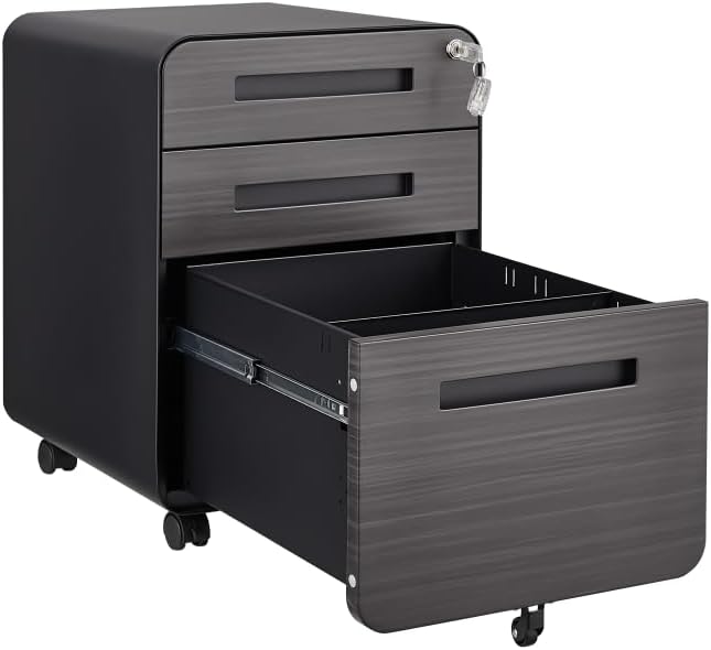 3-Drawer Mobile Filing Cabinet with Lock Legal/Letter Sized Office Storage Suitable for Offices and Study Rooms (Black Wood)