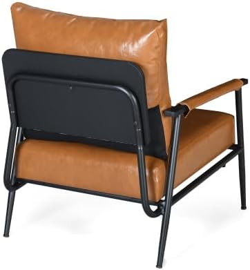 Mid-Century Modern Accent Chair with Brown Faux Leather Upholstery Padded High Backrest Metal Frame and Faux Leather Wrapped Armrests Perfect for Living Room Bedroom or Office