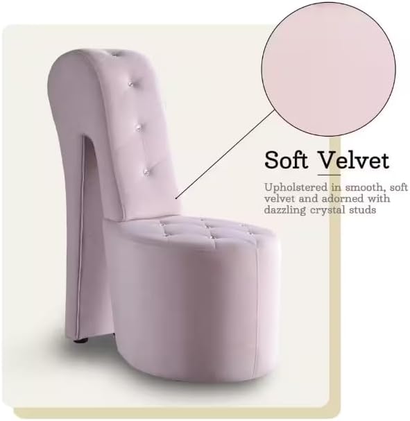 First of a Kind 19 Modern Shoe Chair - Crystal Studded Velvet High Heel Chair with Medium Firm Comfort - Luxurious Decor Addition for Bedroom Living Room &amp Studio (Pink)