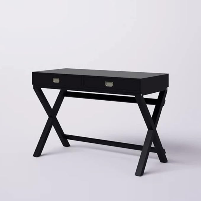 Contemporary Style Home Office Writing Desk with Drawers | 44 Wide Top Surface Soft Closure Drawers X Shaped Stylish Legs | Student Laptop Accessories Solid Wood Manufactured Durable | Black Color