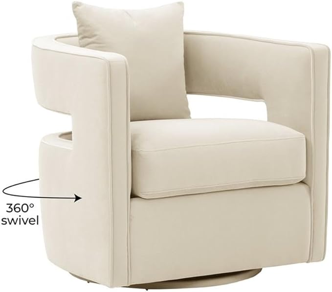 Maklaine 31.5 Velvet Swivel Accent Chair Cream Finish Solid Wood Frame and Stainless Steel Base Plush Foam Fill Transitional Style Handmade Chair for Living Room or Bedroom Seating