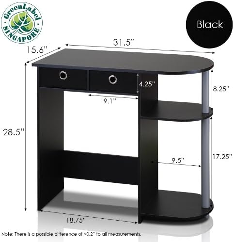 Furinno GO GREEN Desk 31.5 Wide Gaming Desk with 2 Side Shelves and Storage Bins Computer Desk Office Desk for Home Office Study Room Dorm Bedroom Black