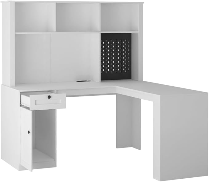 L Shaped Desk with Outlet Computer Workstation with Drawers Modern Corner Table Home Office Workspace with Bookshelf and Hutch White 59.44