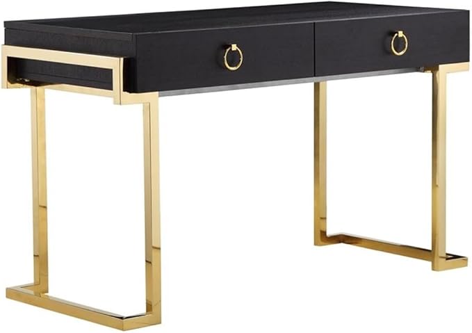 UrbanPro Writing Desk 50 in W x 24 in D x 30 in H Stainless Steel and Black Ash Veneer Gold Finish Handmade Furniture with Soft Close Drawers Modern Home Office Desk