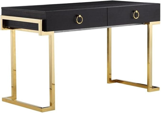 UrbanPro Writing Desk 50 in W x 24 in D x 30 in H Stainless Steel and Black Ash Veneer Gold Finish Handmade Furniture with Soft Close Drawers Modern Home Office Desk
