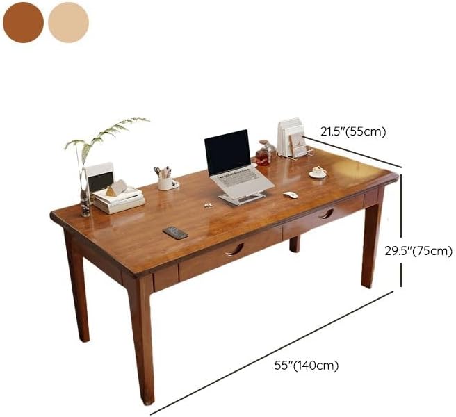 RUNNUP Modern Wood Writing Desk with 2 Drawers 55 Home Office Desk Simple Study Desk for Small Spaces Without Chairs Nut-Brown