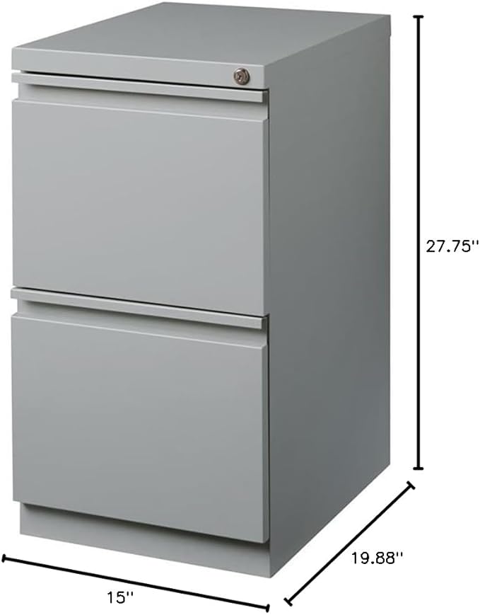 Bowery Hill Mobile Pedestal Filing Cabinet 20 Depth 2-Drawer File/File Configuration Metal Silver Finish Lockable with Hidden Casters Letter-Size File Storage Commercial Grade Office Furniture