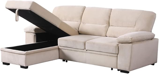 Lilola Home Kipling Beige Velvet Fabric Reversible Sleeper Sectional Sofa Chaise