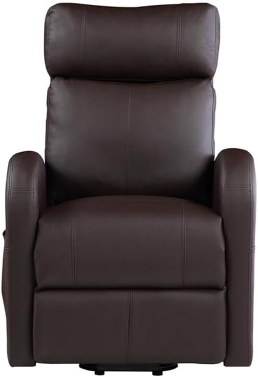 BOWERY HILL Power Lift Recliner 28 W x 37 D x 40 H Brown PU Upholstery Horizontal Tufted Back Contrast Stitching Wired Controller Metal Lift Base Contemporary Style Living Room Chair