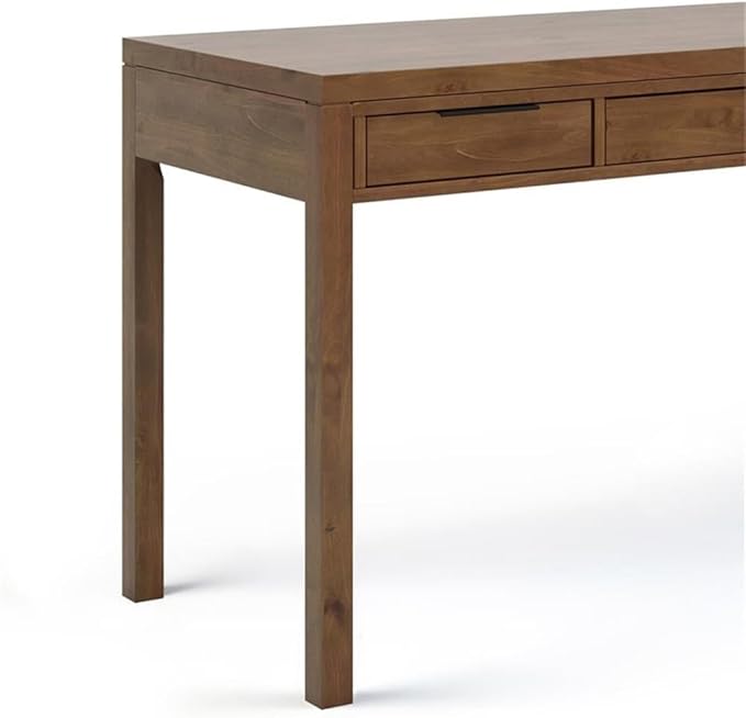 Pemberly Row Solid Wood Contemporary Desk 60 W x 24 D x 31.5 H Medium Saddle Brown Stain 2 Side Drawers Keyboard Tray Home Office Computer Desk