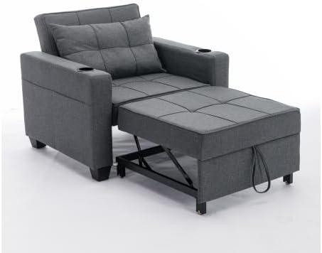 3-in-1 Sofa Bed Convertible Sleeper with 2 Cupholders &amp Adjustable Backrest Modern Lounge Chair for Living Room/Office/Small Apartment (Dark Gray)