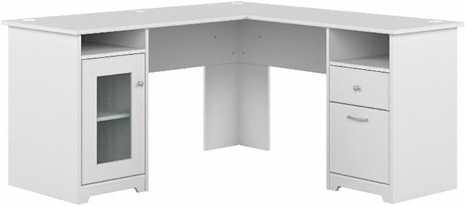 BOWERY HILL 60W L Shaped Computer Desk with Storage Engineered Wood White Finish Fluted Glass Door 2 Drawers Wire Management Home Office Corner Desk for Workspace Organization