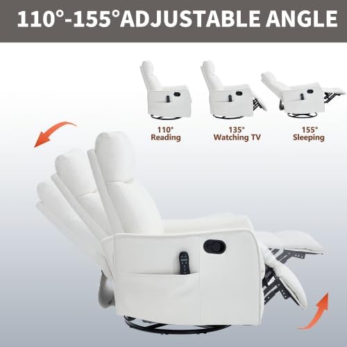 Manual Swivel Rocker Recliner Chair for Adults Overstuffed Reclining Glider Chair for Nursing with Vibration Massage &amp Heat Living Room Rocking Recliner 2-Stage backrest Faux Leather White