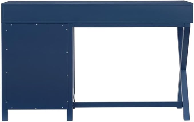 Pemberly Row Modern Wood Side Storage Desk 48 W x 18 D x 30 H Navy Blue Finish 4 Drawers with Silver Handles X-Frame Design Home Office or Bedroom Desk for Writing or Computer Use