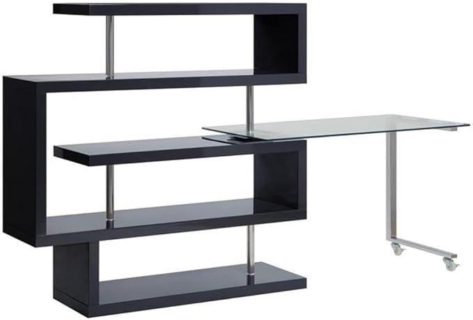 Pemberly Row L-Shaped Writing Desk with Glass Top Chrome and Black High Gloss Finish MDF and Tempered Glass 55 W x 24 D x 54 H 4 Shelves 360° Swivel Function Modern Home Office Desk