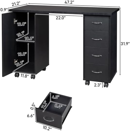 Black Home Office Desk with Storage Drawers PC Laptop Workstation Desk Writing Study Desk for Home Office Executive Desks for Home Office 47.2 L x 21.3 W x 31.9 H