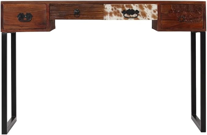 Industrial-Style Writing Computer Desk with Drawers Home Office Desk Writing Study Table PC Desk Workstation for Bedroom Solid Sheesham Wood and Real Leather 46.1x19.7x29.9