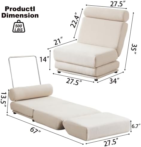 Single Sofa Chair Foldable Single Sofa Bed with PillowPortable Foldable Sofa BedLeisure Sofa ChairEasy to StoreMade of Breathable and Wearable Linen Cream White