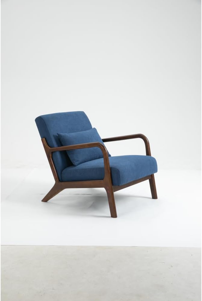 Mid Century Modern Accent Chair with Wood Frame Upholstered Living Room Chairs with Waist Cushion Reading Armchair for Bedroom Sunroom (Blue + Velvet + Cotton)