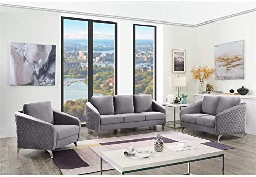 Lilola Home Sofia 36 W Gray Velvet Accent Chair with Silver Legs – Tufted Modern Armchair for Living Room Bedroom or Reading Nook
