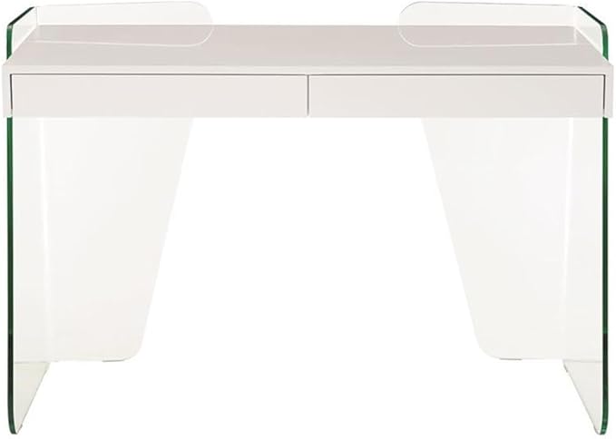 Pemberly Row Modern Engineered Wood Office Desk 47 W x 23 D x 31 H High Gloss White 2 Soft-Close Drawers Clear Glass Detail Contemporary Home Office Desk for Workspace Organization