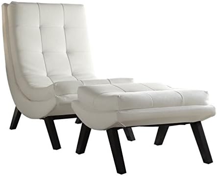 Pemberly Row Faux Leather Lounge Chair and Ottoman Set White PU Upholstery Solid Wood Legs Grid-Tufted Cushions Mid-Century Modern Style for Living Room or Home Seating