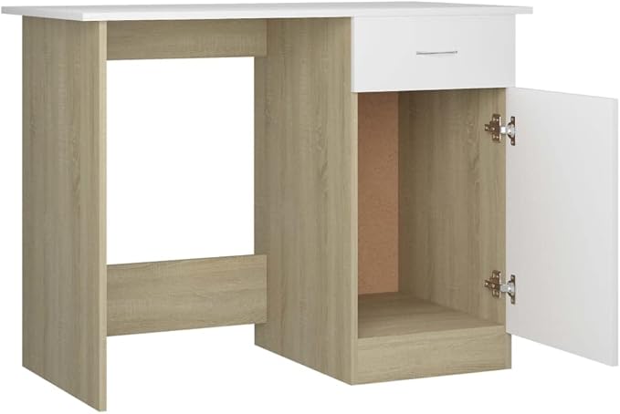 Modern Writing Computer Desk with a Drawer and a Door Home Office Desk Writing Study Table PC Desk Workstation for Bedroom White and Sonoma Oak 39.4x19.7x29.9 Engineered Wood(E)