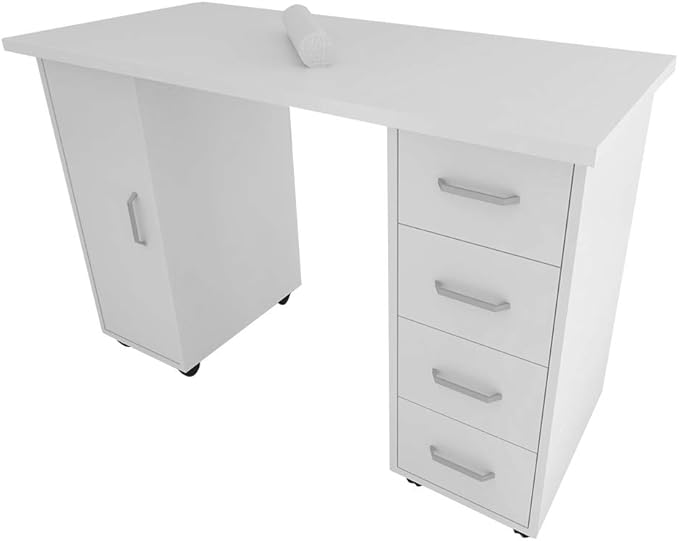 Rolling Desk Table White Computer Desk with 4 Drawers1 DoorWriting Home Office Workstation Mobile Home Office Desk Study Writing Desk with Smooth WheelsSpace Saving Compact Desk for Dorm Apartment