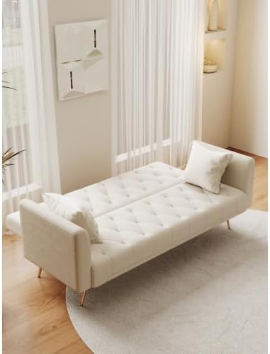 71 Convertible Folding Sleeper Sofa CouchModern Velvet Loveseat Sleeper with 2 Pillows Futon Sofa Bed with Mattress and Frame for Living RoomBedroomSmall Space (Beige)