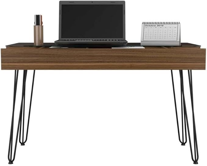 Atlin Designs Modern Wood Desk 47.2 W x 19.6 D Glass Top Mahogany Finish Abstract Steel Legs Industrial Style Spacious Drawer Home Office Desk for Small Spaces or Versatile Use