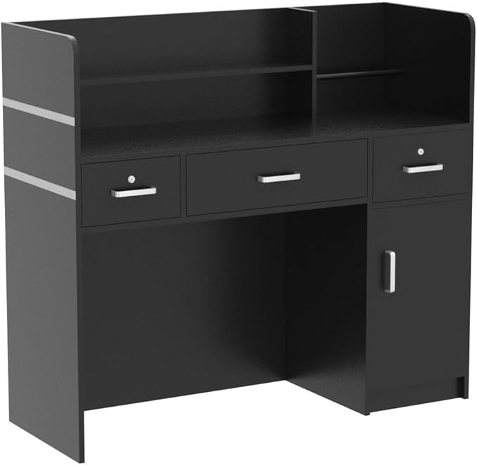 Homsee Modern Reception Desk with 3 Drawers 1 Door Storage Cabinet &amp Hutch Shelf Office Wooden Computer Desk Writing Study Table PC Laptop Desk Black (47.3 L x 18.3 W x 43.3 H)