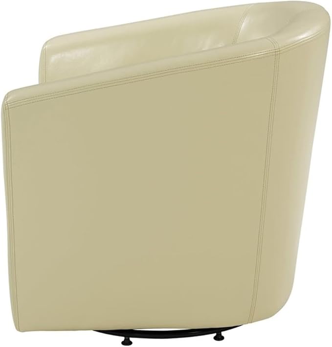 Pemberly Row Bonded Leather Swivel Tub Chair Beige Finish 29.5 H x 30 W x 29.5 D Solid Birch Wood Legs Dark Mahogany Accent Durable Upholstered Accent Chair for Living Room or Office Use