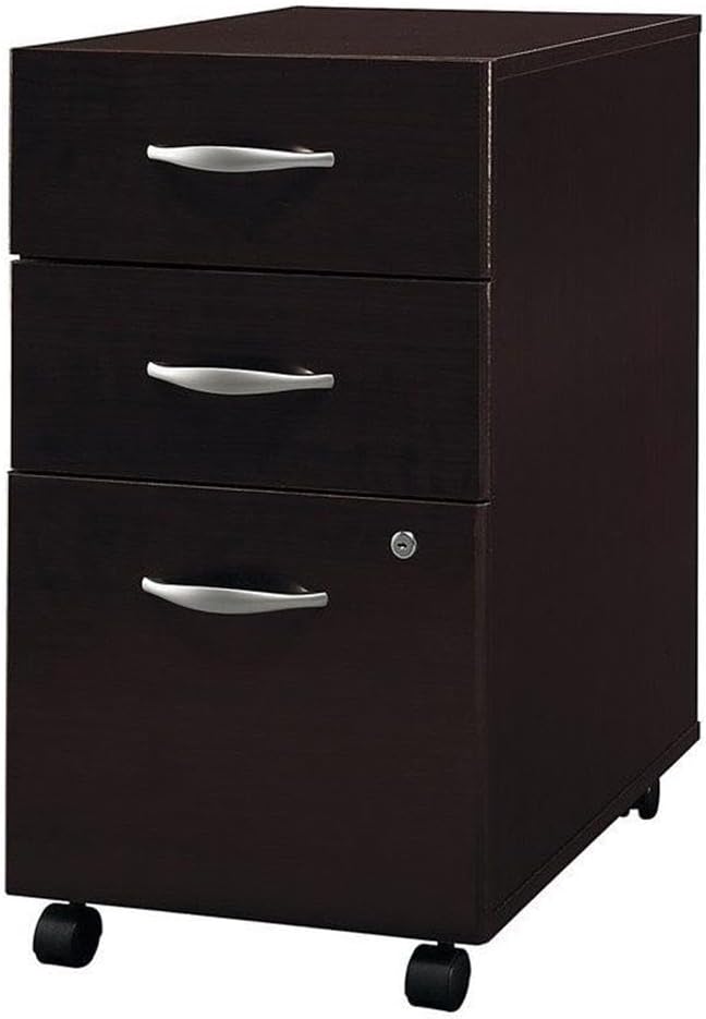 Pemberly Row 3-Drawer Mobile File Cabinet Mocha Cherry Finish Engineered Wood Brushed Nickel Hardware Locking File Storage Full-Extension Drawers Office Organizer on Wheels for Home or Workplace