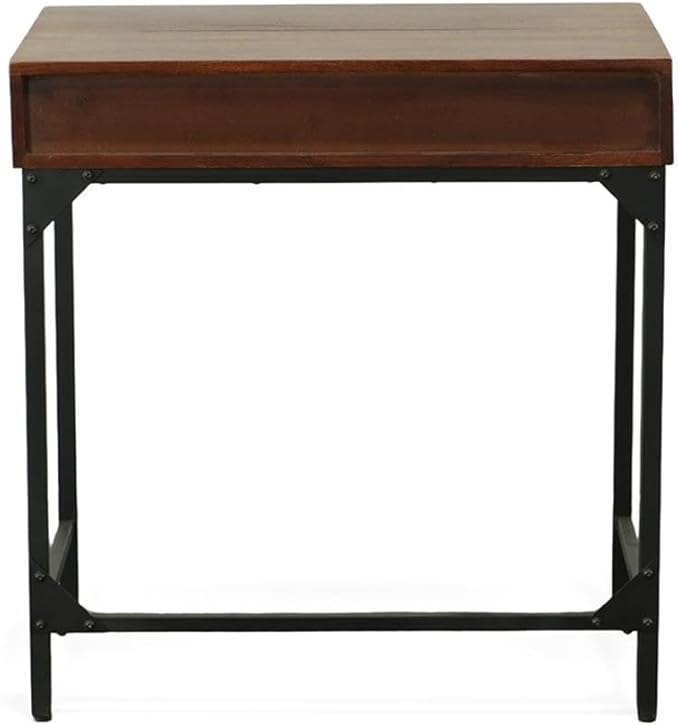 Pemberly Row Hidden Storage Writing Desk Rustic Mango Wood Chestnut Stain Black Metal Frame 31 in x 22 in Foldable Top Industrial Style for Home Office Dorm or Den Use