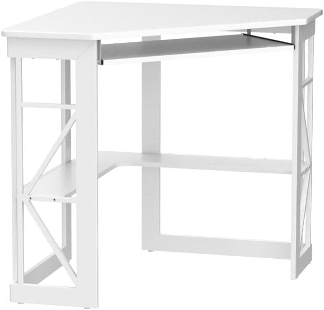 VECELO Corner Desk Computer Desk Writing Table with Smooth Keyboard Tray &amp Storage ShelvesCompact Home Office Triangle TableWhite
