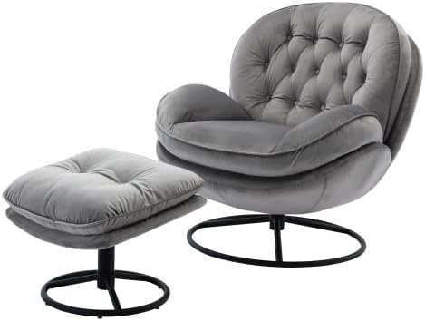 TRIPLE TREE Velvet Accent Chair with Ottoman 360 Degree Swivel Lounge Armchair with Metal Base Comfy TV Chair Recliner Chair for Living Room Bedroom Reading Room Office Gray