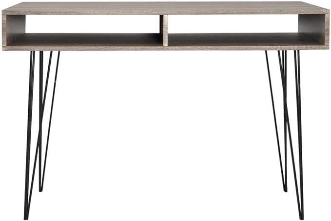 Grey Desk for Home Office Shaped Computer Table Wood Shelves Bedroom Storage and Metal Legs