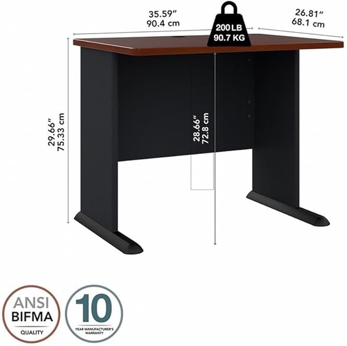 Pemberly Row 36 Transitional Engineered Wood Desk Hansen Cherry/Gray Finish Thermally Fused Laminate Wire Management Grommets Open C-Leg Design Sturdy Office Desk for Home or Workspace Use
