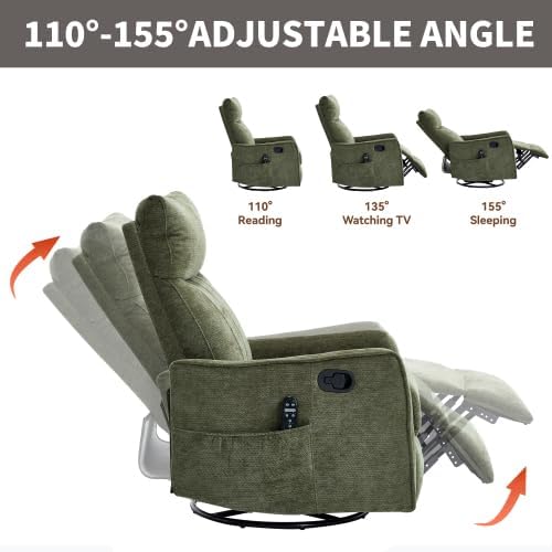 Manual Swivel Rocker Recliner Chair for Adults Overstuffed Reclining Glider Chair for Nursing with Vibration Massage &amp Heat Living Room Rocking Recliner 2-Stage backrest Chenille Fabric Green