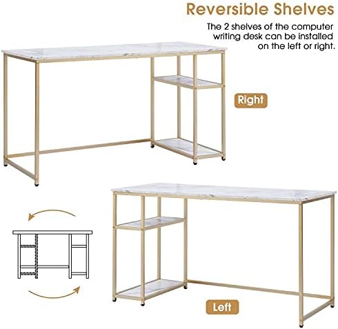 ivinta Computer Desk Home Office Desk with Storage Shelves for Living Room Bedroom Office Whale-ML55 (White and Gold 55)