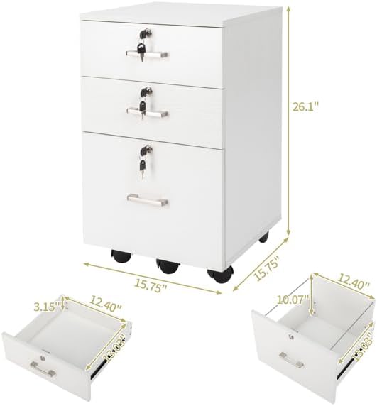 White 3 Drawer Mobile File Cabinet Rolling Document Storage for Home or Professional Office 15.7 L x 15.7 W x 26 H Under Desk Filing Cabinet Rolling Printer Stand with Wheels