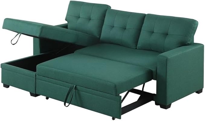 Devion Furniture L-Shaped Polyester Fabric Reversible Easy Convertible Pull-Out Sleeper Sectional Sofa/Storage Chaise with Tufted Back Cushions and Track Arms in Green