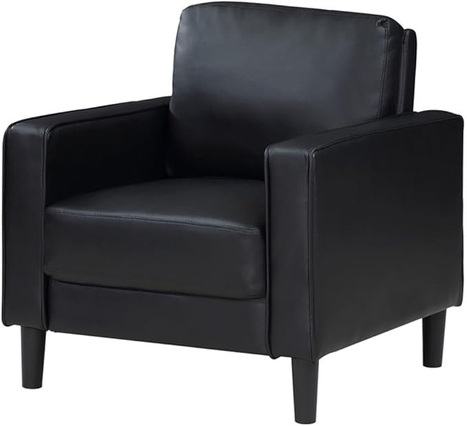 Pemberly Row Faux Leather Upholstered Accent Chair Black 33.5 in H x 32.25 in W x 31.5 in D Structured Track Arms Sinuous Spring Seating Compact Modern Design for Living Room or Office