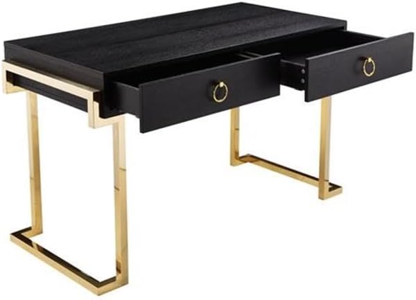 UrbanPro Writing Desk 50 in W x 24 in D x 30 in H Stainless Steel and Black Ash Veneer Gold Finish Handmade Furniture with Soft Close Drawers Modern Home Office Desk