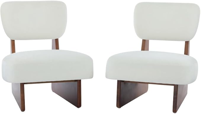 [Set of 2] Modern Beige Lounge Chair with Polyester Upholstery Sturdy Black Wood Base Stylish and Comfortable Accent Seating for Living Room (Walnut + White + Polyester + Solid Wood)