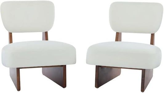 [Set of 2] Modern Beige Lounge Chair with Polyester Upholstery Sturdy Black Wood Base Stylish and Comfortable Accent Seating for Living Room (Walnut + White + Polyester + Solid Wood)